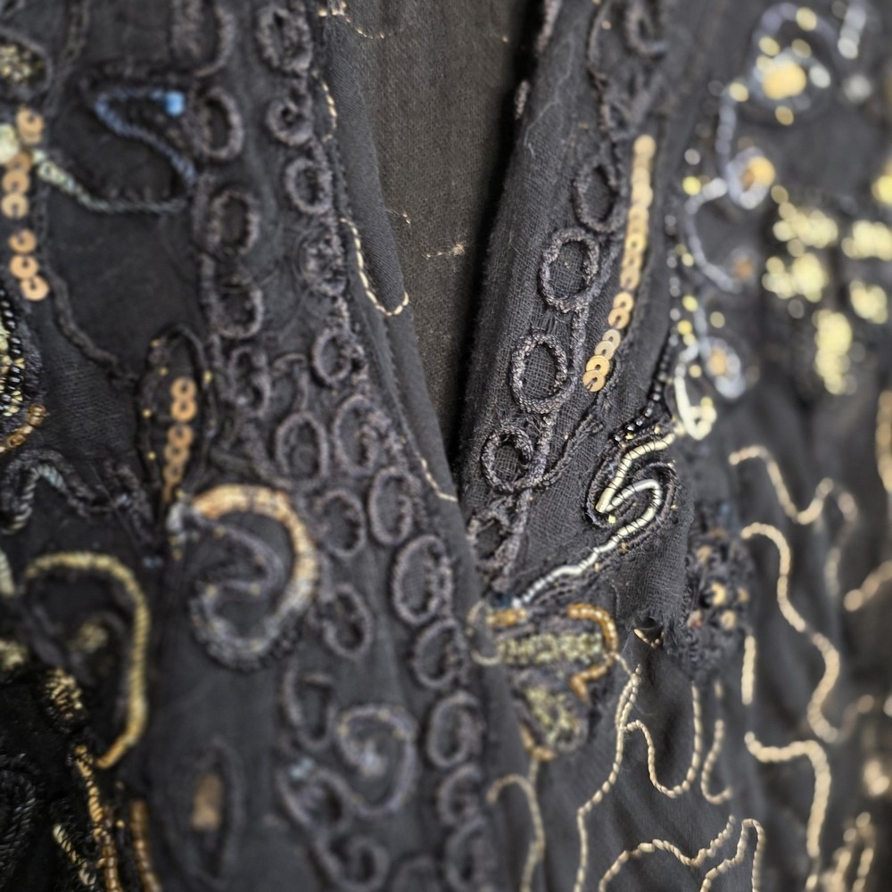 Chico's Kimono Wrap Women One Size Black Gold Embroidered Sequin Sheer Boho Chic - Picture 3 of 14